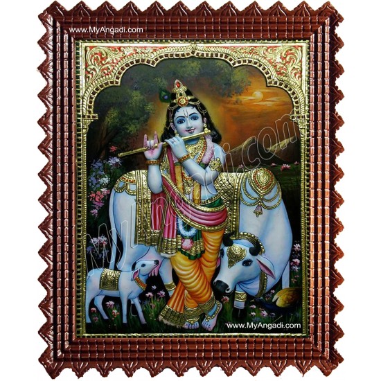 Krishna with Flute and Cow Tanjore Painting