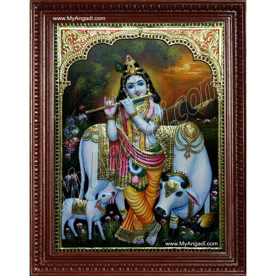 Krishna with Flute and Cow Tanjore Painting Krishna with Flute and Cow Tanjore Painting