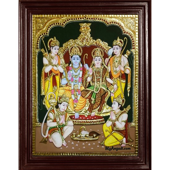 Ram Darbar - Ram with Sita, Hanuman, Lakshmanan Bharathan and Shatrughna Tanjore Painting
