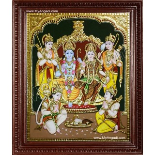 Ram Darbar - Ram with Sita, Hanuman, Lakshmanan Bharathan and Shatrughna Tanjore Painting