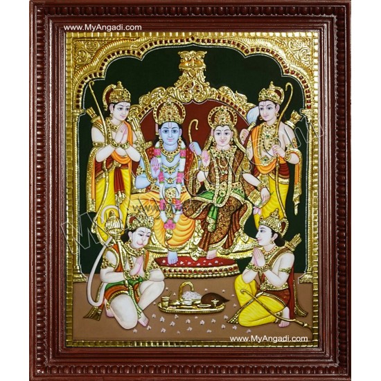 Ram Darbar - Ram with Sita, Hanuman, Lakshmanan Bharathan and Shatrughna Tanjore Painting