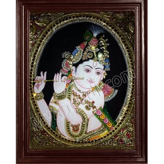 Krishna Playing Flute Tanjore Painting