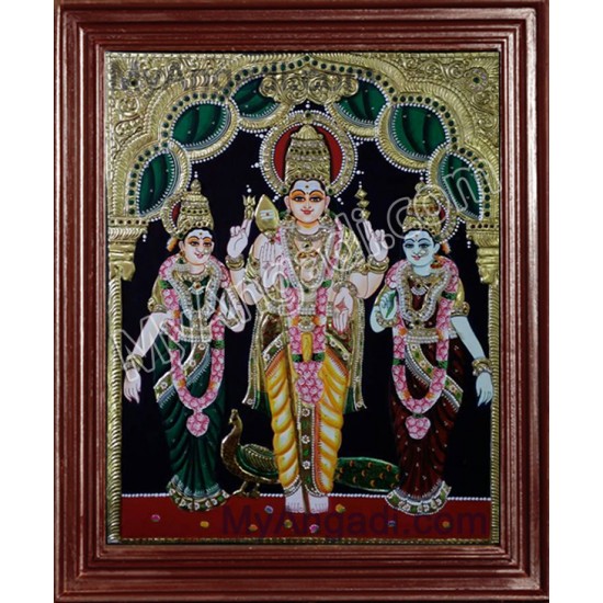 Murugan with Valli and Devasena Tanjore Painting Murugan with Valli and Devasena Tanjore Painting