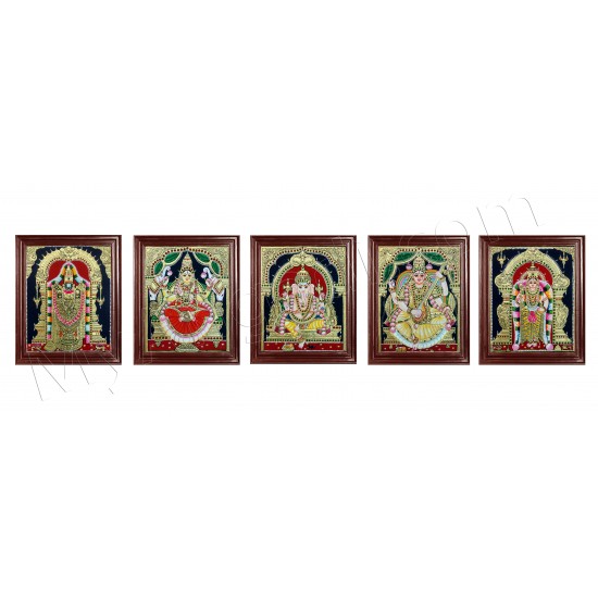 Ganesh, Lakshmi, Balaji, Saraswathi and Murugan Tanjore Painting Embedded with AD Stones - 12x10 inches