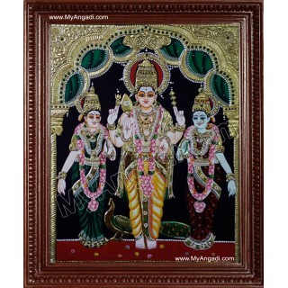 Murugan with Valli and Devasena Tanjore Painting