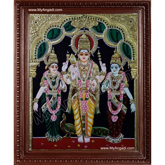 Murugan with Valli and Devasena Tanjore Painting Murugan with Valli and Devasena Tanjore Painting