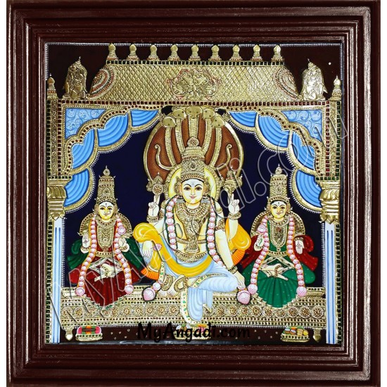 Vishnu with Sreedevi and Boodevi Tanjore Painting