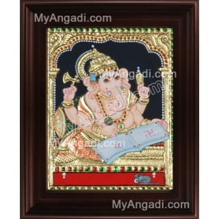 Ganesha With Books Tanjore Painting, Ganesha Tanjore Painting