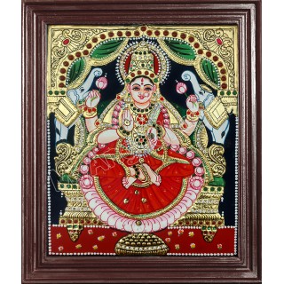 Lakshmi Tanjore Painting Embedded with AD Stones