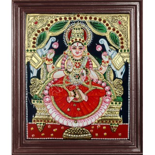 Lakshmi Tanjore Painting Embedded with AD Stones
