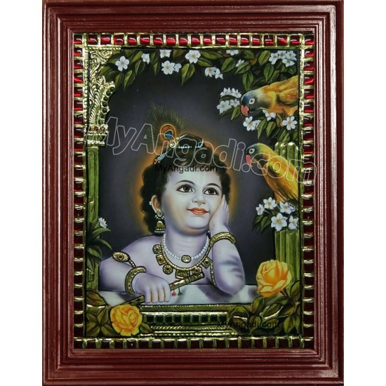 Parrot Krishna Tanjore Painting, Krishna Tanjore Painting Parrot Krishna Tanjore Painting, Krishna Tanjore Painting