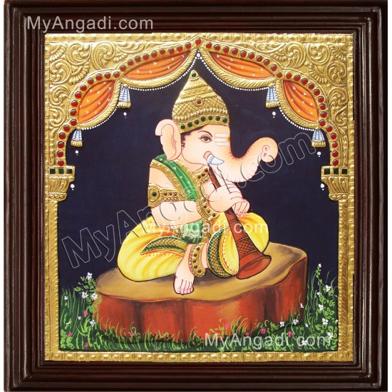 Nava Vinayakar Playing Music Tanjore Painting Nava Vinayakar Playing Music Tanjore Painting