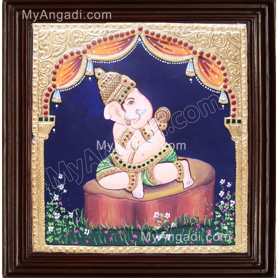 Nava Vinayakar Playing Music Tanjore Painting Nava Vinayakar Playing Music Tanjore Painting