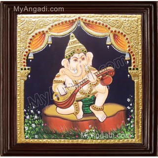 Nava Vinayakar Playing Music Tanjore Painting