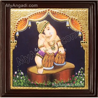 Nava Vinayakar Playing Music Tanjore Painting