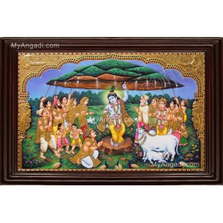 Krishna lifting Govardhana Hill Tanjore Painting