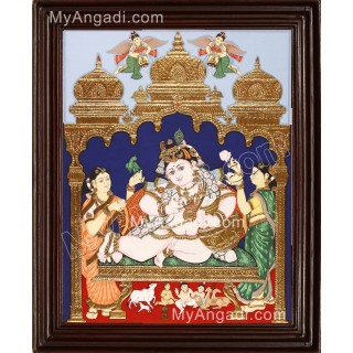 Krishna with Bama and Rukmani Tanjore Painting