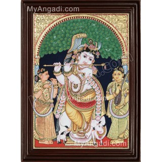 Krishna with Bama and Rukmani Tanjore Painting