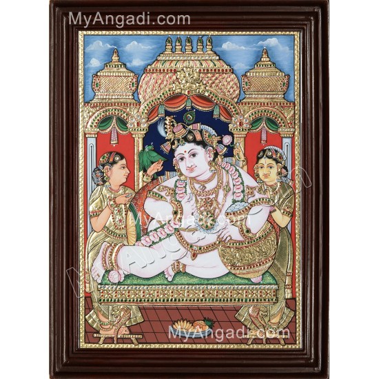 Krishna with Bama and Rukmani Tanjore Painting Krishna with Bama and Rukmani Tanjore Painting