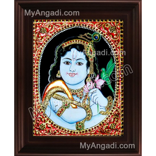 Oval Parrot Krishna Tanjore Painting, Krishna Tanjore Painting