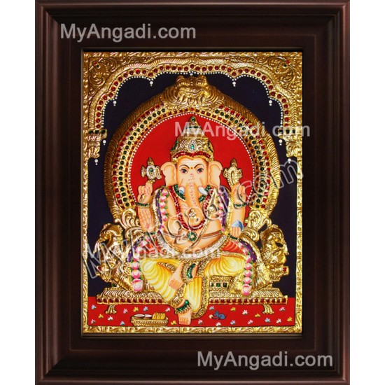 Straight Face Ganesha Tanjore Painting, Ganesha Tanjore Painting