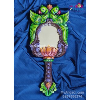 Vagai Wood Twin Parrot Decorative Hand Mirror