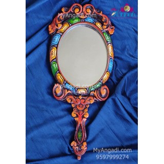 Vagai Wood Oval Decorative Hand Mirror